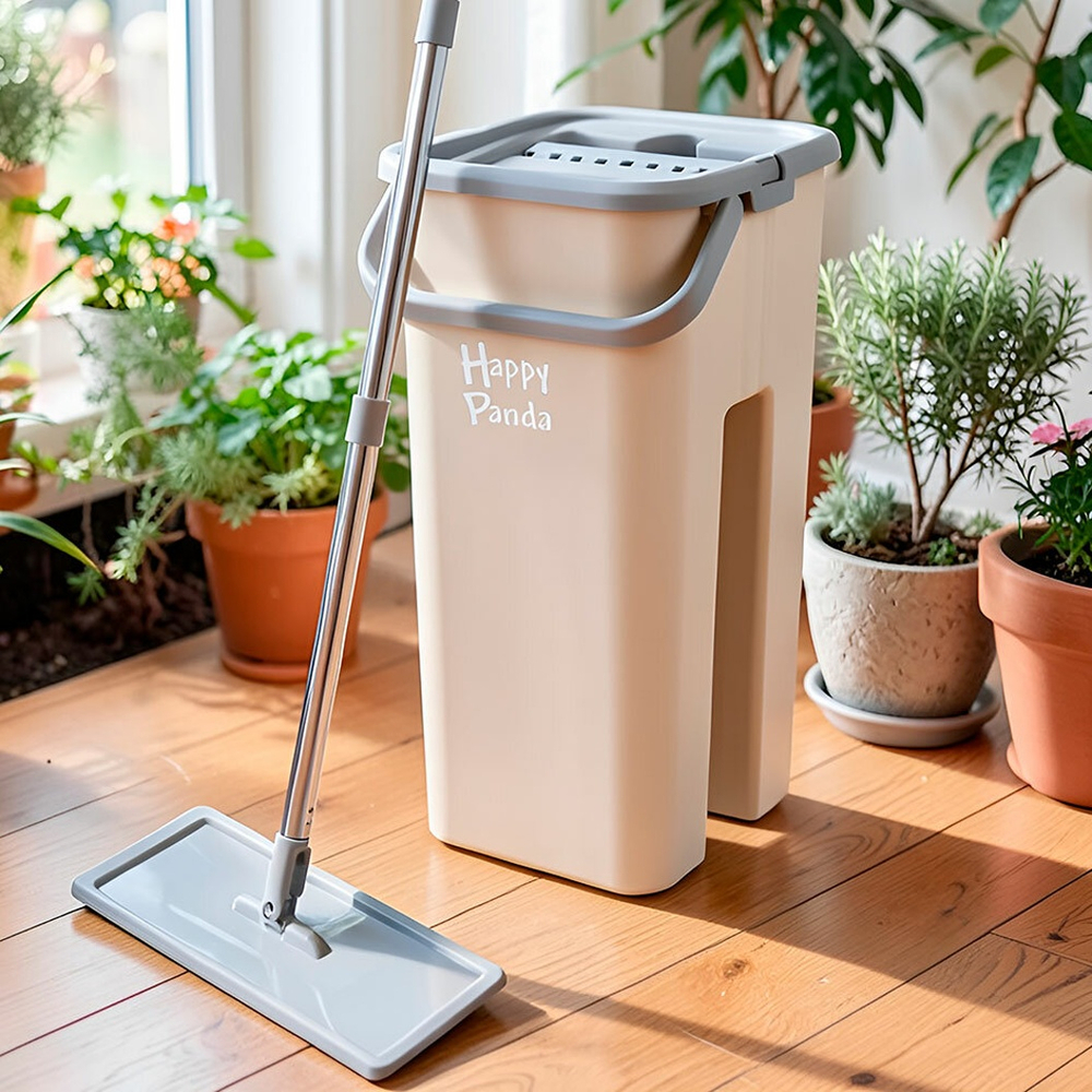 Набор для уборки "Happy Panda" (ведро с отжимом, швабра 127см, насадка из микрофибры), HP-MB08BG, бе