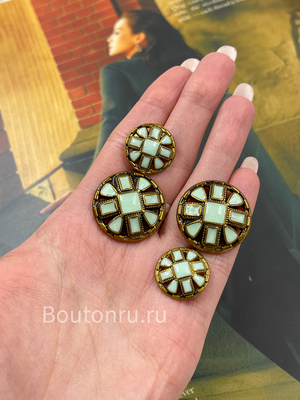 Пуговицы с квадратными деталями бронзовый металл с эмалью оттенка тиффани (голубые)