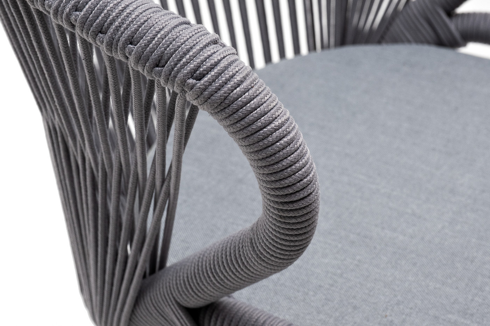 "Милан" стул плетеный из роупа, каркас алюминий белый муар, роуп светло-серый круглый, ткань светло-серая