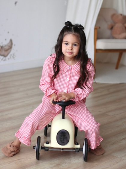 Пижама из вареного хлопка в клетку виши, цвет розовый