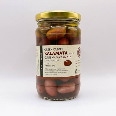 Оливки каламата с косточкой в рассоле, EcoGreece, 350 г
