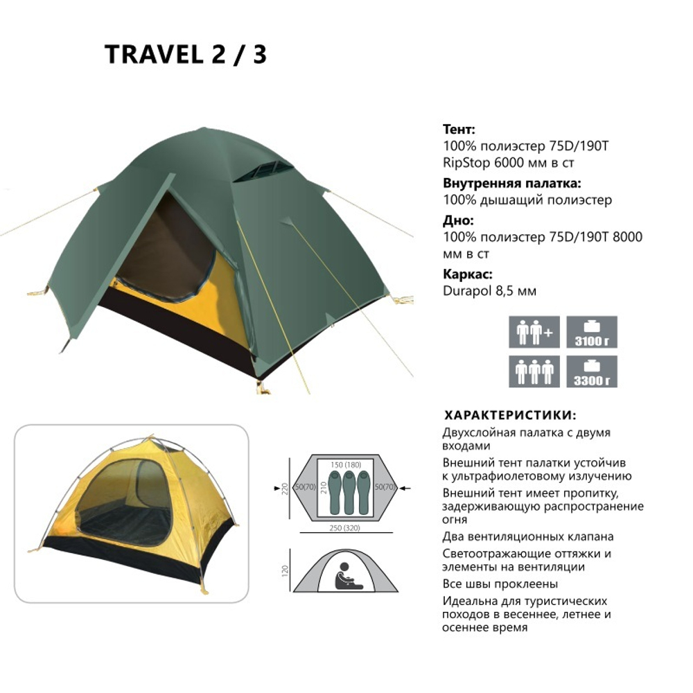 Палатка треккинговая BTrace Travel 2 (250x220x120 см)