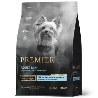 Premier dog salmon & turkey adult mini сухой корм для собак мелких пород, свежее филе лосося с индейкой - 3 кг