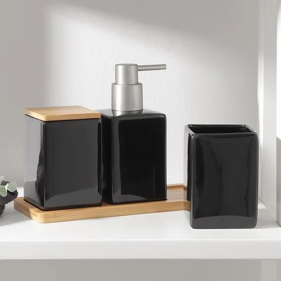 Набор аксессуаров для ванной комнаты SAVANNA Square, 4 предмета (дозатор для мыла, 2 стакана, подставка), цвет чёрный