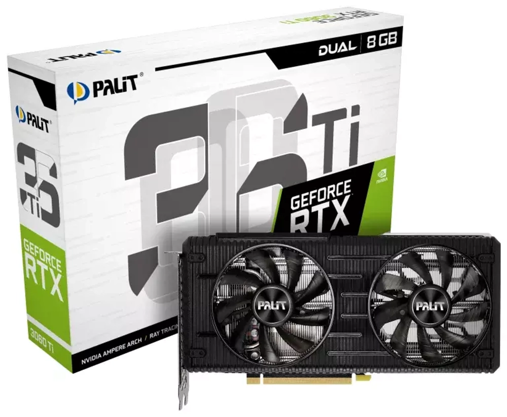 Видеокарта Palit PCI-E PA-RTX3060Ti DUAL 8G NVIDIA GeForce RTX 3060Ti 8192Mb 256 GDDR6 1410/14000/HDMIx1/DPx3/HDCP V1 LHR (NE6306T019P2-190AD) Ret