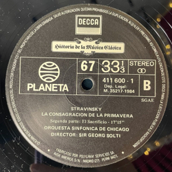 Винтажная виниловая пластинка LP Игорь Стравинский Stravinsky , Весна Священная Orquesta Sinfonica de Chicago Director: Sir Georg Solti La Consagracion De La Primavera (Spain 1984)