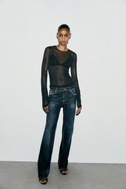 ZARA ПОЛУПРОЗРАЧНАЯ ФУТБОЛКА СО СБОРКАМИ, ЧЕРНЫЙ