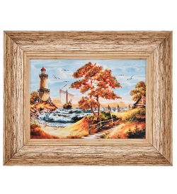AMB-01/21 Картина «Маяк на закате» (с янтарной крошкой) пласт.рамка 33х42см