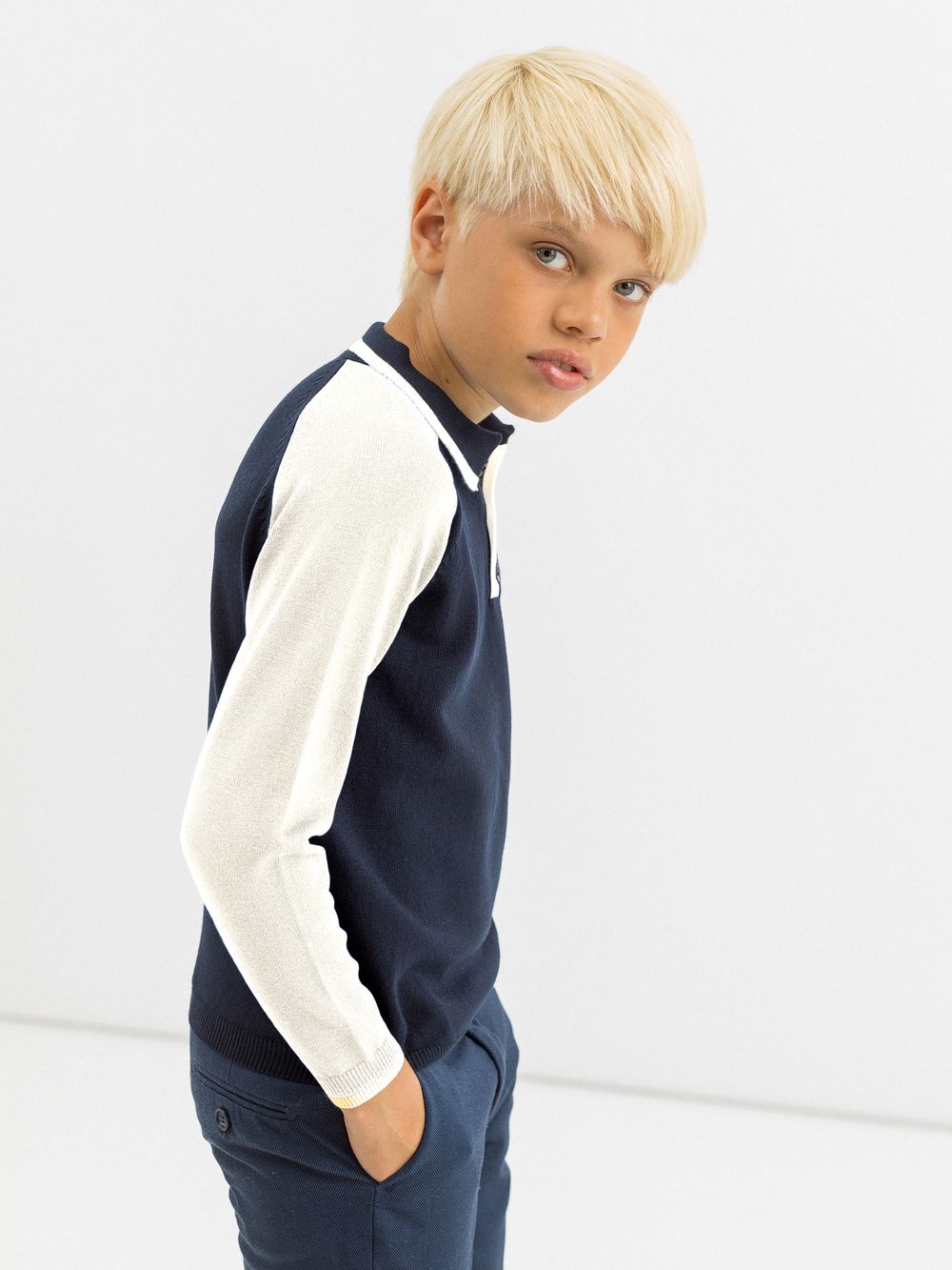 Джемпер поло для мальчика 497-1 синий-молочный