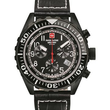 С ремешком Мужские наручные часы с черным кожаным ремешком Swiss Alpine Military 7076.9577 chrono 44mm 10ATM