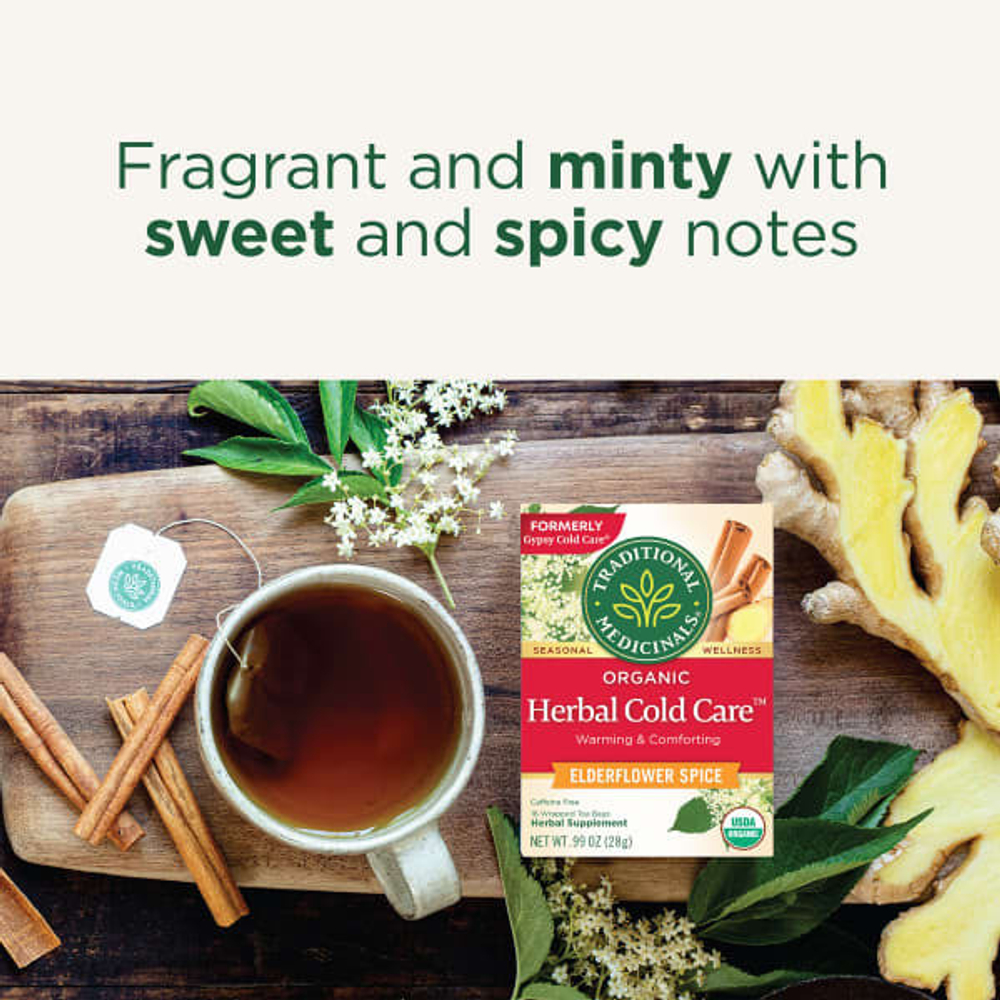 Traditional Medicinals, Herbal Cold Care, органическое средство от простуды, цветки бузины со специями, без кофеина, 16 чайных пакетиков в индивидуальной упаковке, по 1,75 г (0,6 унции) каждый