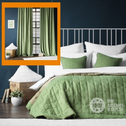 Готовые шторы и покрывало под лен ДЖЕРРИИ (арт. BL10-274-07) - (140х270)х2 см., покрывало 230х250 см. - зеленый