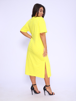 Платье трикотажное макси с разрезами 116-222-5-Горох , Ярко/Желтый