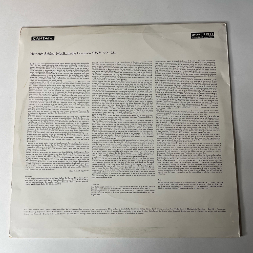Винтажная виниловая пластинка LP Heinrich Schutz Генрих Шютц Musikalische Exequien (Германия 1977)