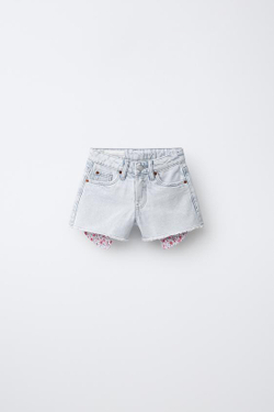 ZARA ДЖИНСОВЫЕ ШОРТЫ С ЦВЕТОЧНЫМИ ЗВЕЗДАМИ, ГОЛУБОЙ