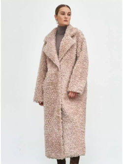 Шуба чебурашка длинная из овечьей шерсти, розово-бежевая, SilverFox