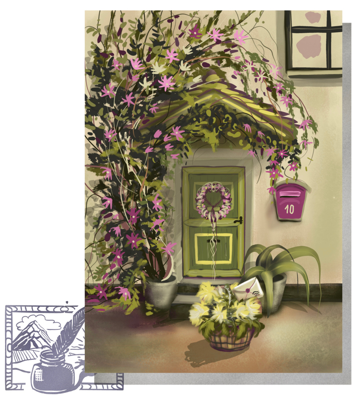 Открытка почтовая. Корзина цветов у порога. (уценка)