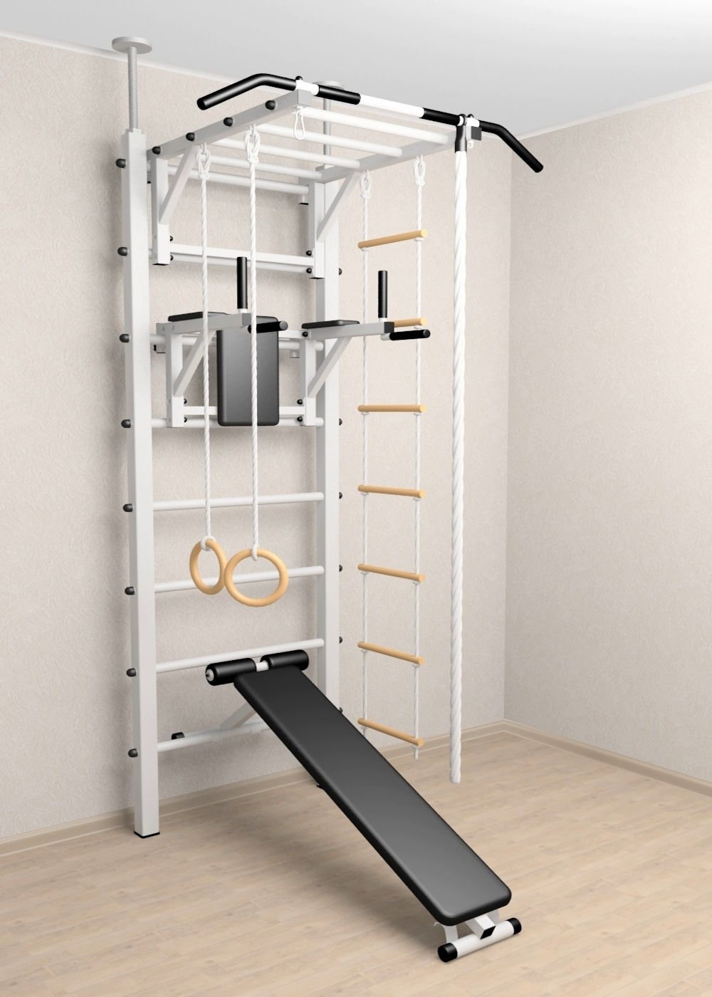 Шведская стенка Sv Sport враспор (Турник рукоход/Брусья/Скамья/Канат/Кольца/Лестница)