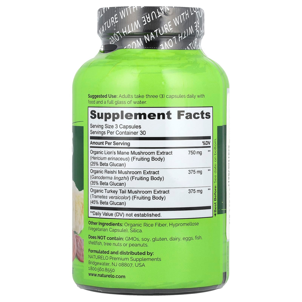 NATURELO, Грибы, смесь для мозга и иммунитета, 90 вегетарианских капсул