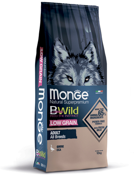 Сухой корм Monge Dog BWild LOW GRAIN, для взрослых собак, низкозерновой, из мяса гуся 12 кг