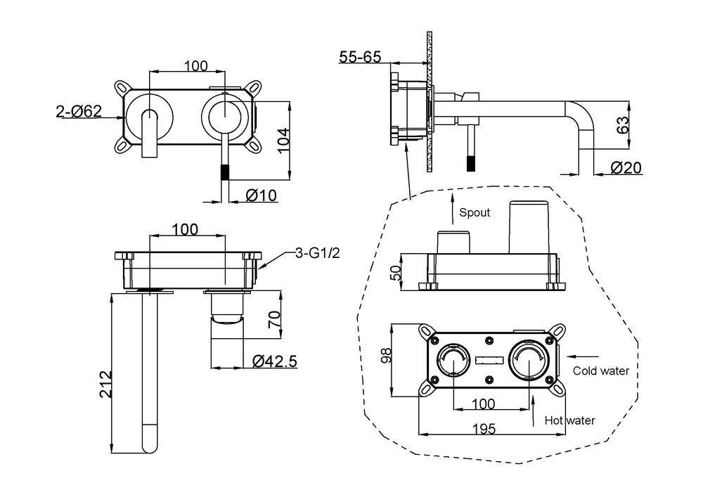 Смеситель для умывальника из стены, Uno. Белый Золото