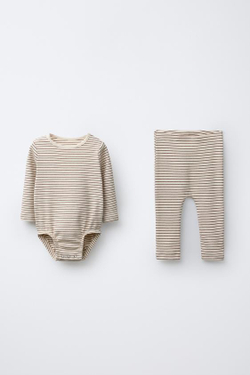 ZARA КОМПЛЕКТ ИЗ БОДИ И ЛЕГИНСОВ В ПОЛОСКУ, КОРИЧНЕВЫЙ