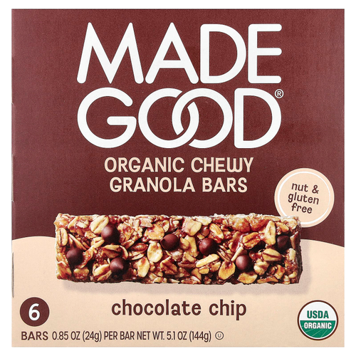 MadeGood, Батончики мюсли, шоколадная крошка, 6 батончиков, по 24 г (0,85 унции)