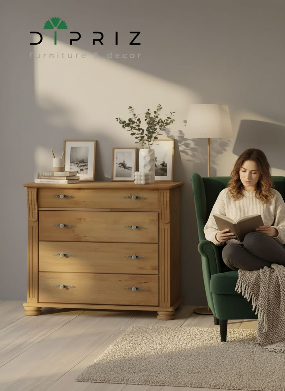 Комод, 91х42х85, Susanna, для одежды, с 4-мя ящиками, в спальню и гостиную, из массива дерева, коричневый бейц, Dipriz