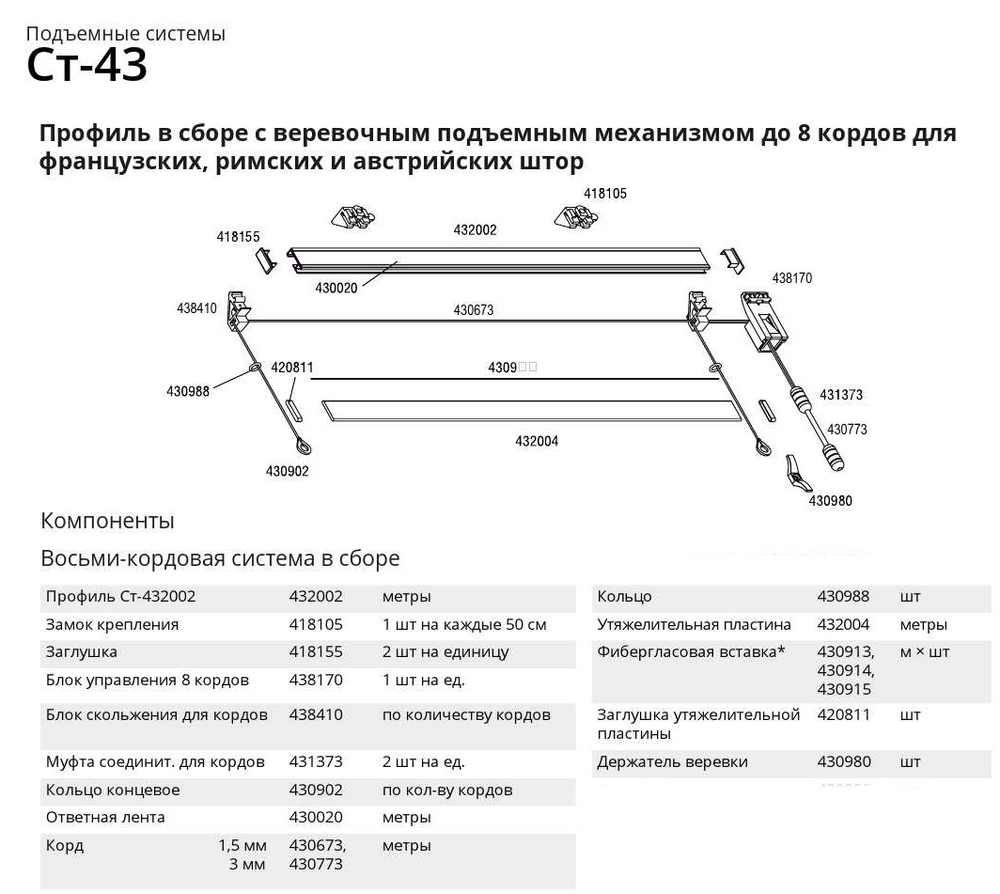Карниз для римских штор легкого веса СТ-432002 с веревочным управлением, длина 50 см
