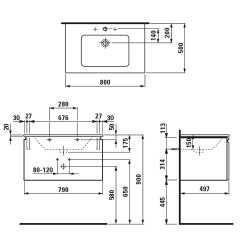 Мебель для ванной с раковиной  Laufen Pro S 80x50см.  8.6096.4.463.104.1 схема