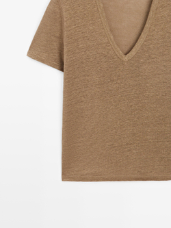 Massimo Dutti Льняная футболка с V-образным вырезом, светло-коричневый