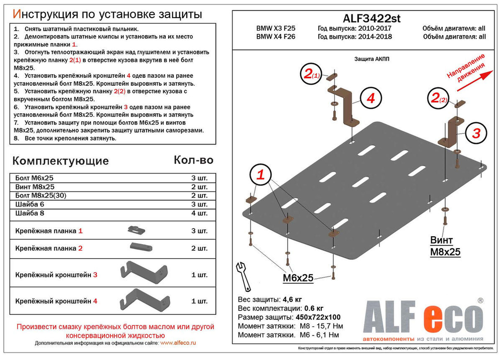 Защита АКПП (сталь 2 мм) для BMW X3 F25 2010-2017 (V - все), BMW X4 F26 2014-2018 (V - все) Alfeco.ALF3422st