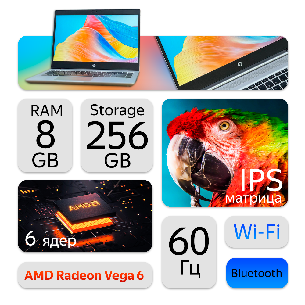 14" Ноутбук HP ProBook 445 G7 (1920x1080, AMD Ryzen 5 4500U, RAM 8ГБ, SSD 256ГБ, AMD Radeon Vega 6, Win 10Pro)