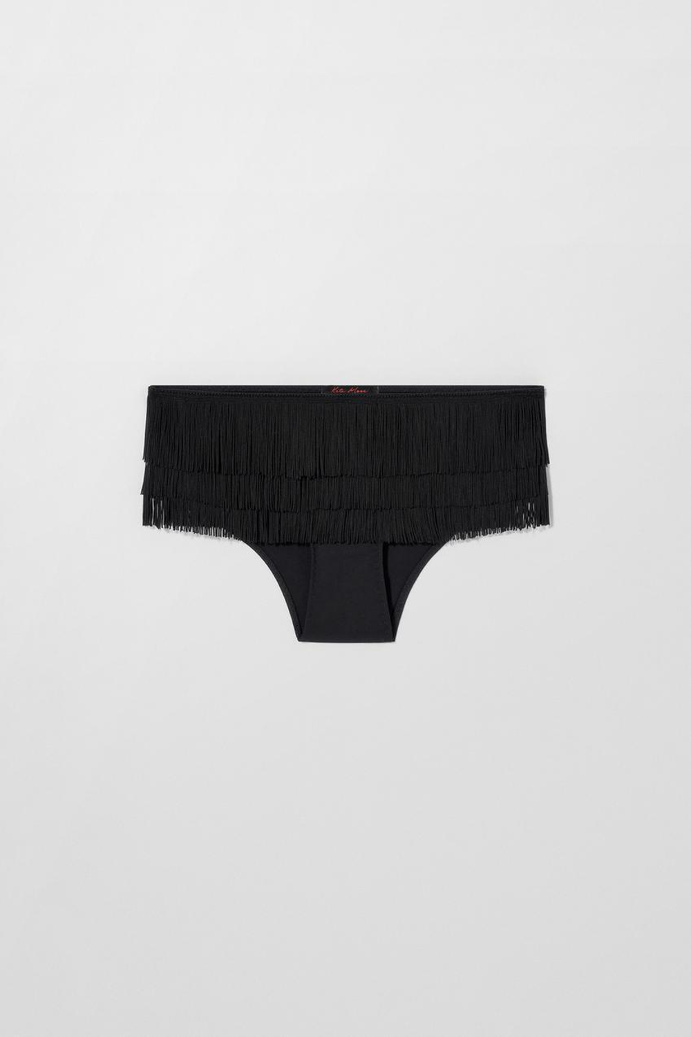 ZARA X KATE MOSS ШОРТИКИ-БИКИНИ С ОБОРКАМИ, ЧЕРНЫЙ