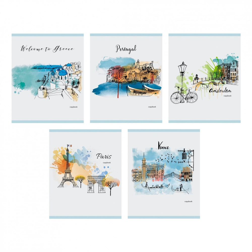 Тетрадь 48л., А5, клетка, Канц-Эксмо "Акварельное путешествие", скрепка, хромэрзац, второй блок, 5 дизайнов