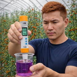 Мужчина в теплице PH-200 делает замеры в теплице, гидропонике