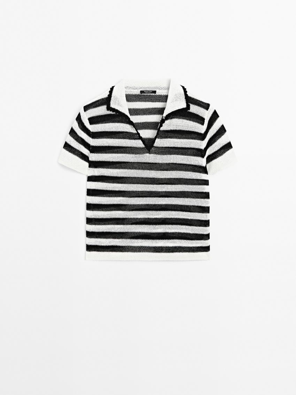 Massimo Dutti Свитер поло из смесового хлопка в полоску, черный