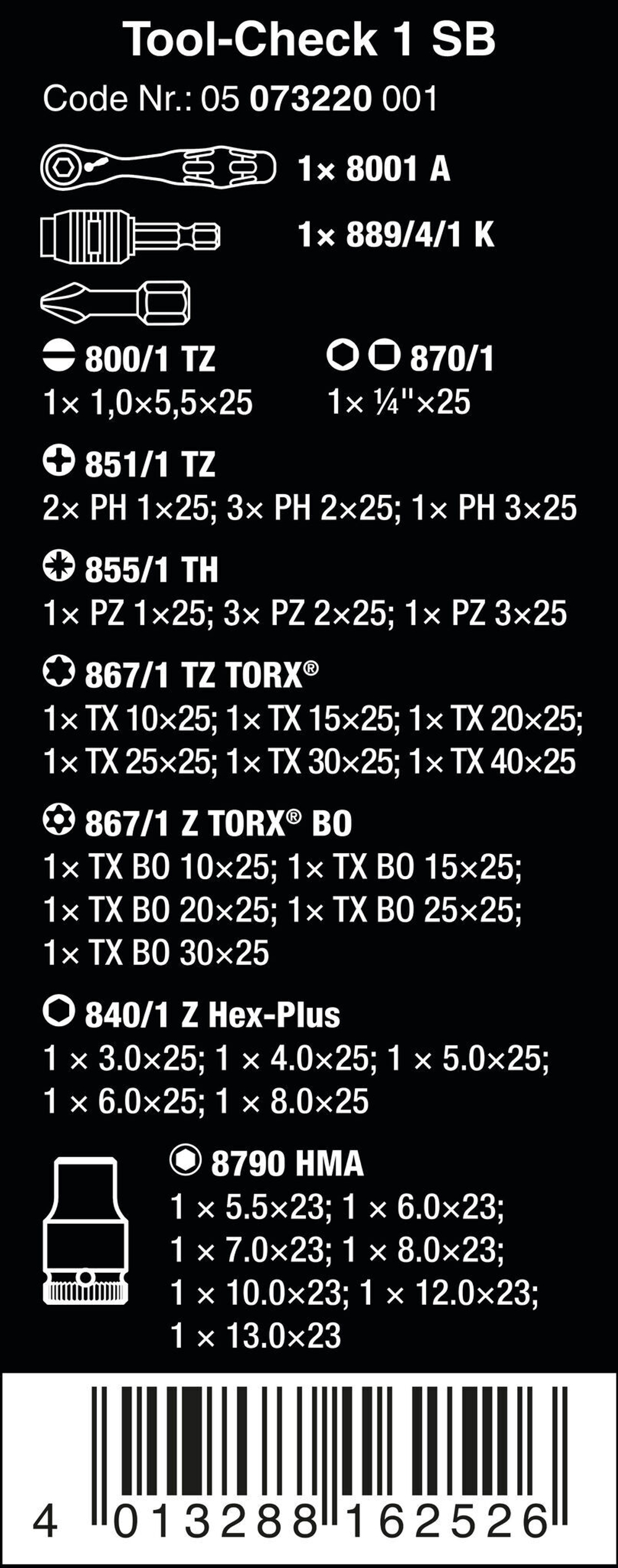 Набор бит Tool-Check 1 SB Wera 05073220001