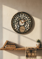 Настенные часы WOODandROOT «Башня Волшебника» с двойным циферблатом, размещённые над полкой с книгами в светлом спокойном интерьере.