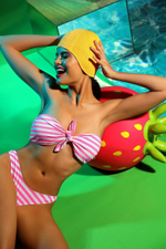 Раздельный купальник бандо в широкую полоску (Размер: 75/38) (Цвет: белый с розовым)