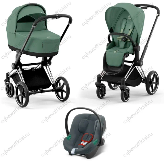 Детская коляска Cybex Priam IV 3 в 1 Leaf Green шасси Chrome Black автокресло Aton B i-Size