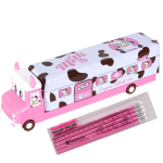 Пенал с наполнением, металлический 2 отделения автобус Alingar, таб. умнож, линейка 15 см, 5 ч/г карандашей, 3 точилки 50 х 190 мм, "Milk bus", розов