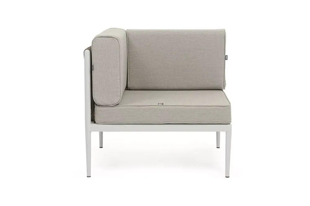 "Касабланка" угловой модуль плетеный из роупа, каркас алюминий светло-серый (RAL7035) муар, роуп серо-коричневый 23мм, ткань бежевая 15052