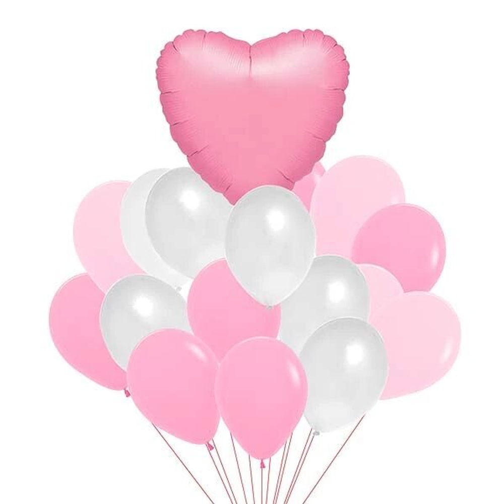 Фонтан из шаров с большим розовым сердцем, 19 шариков