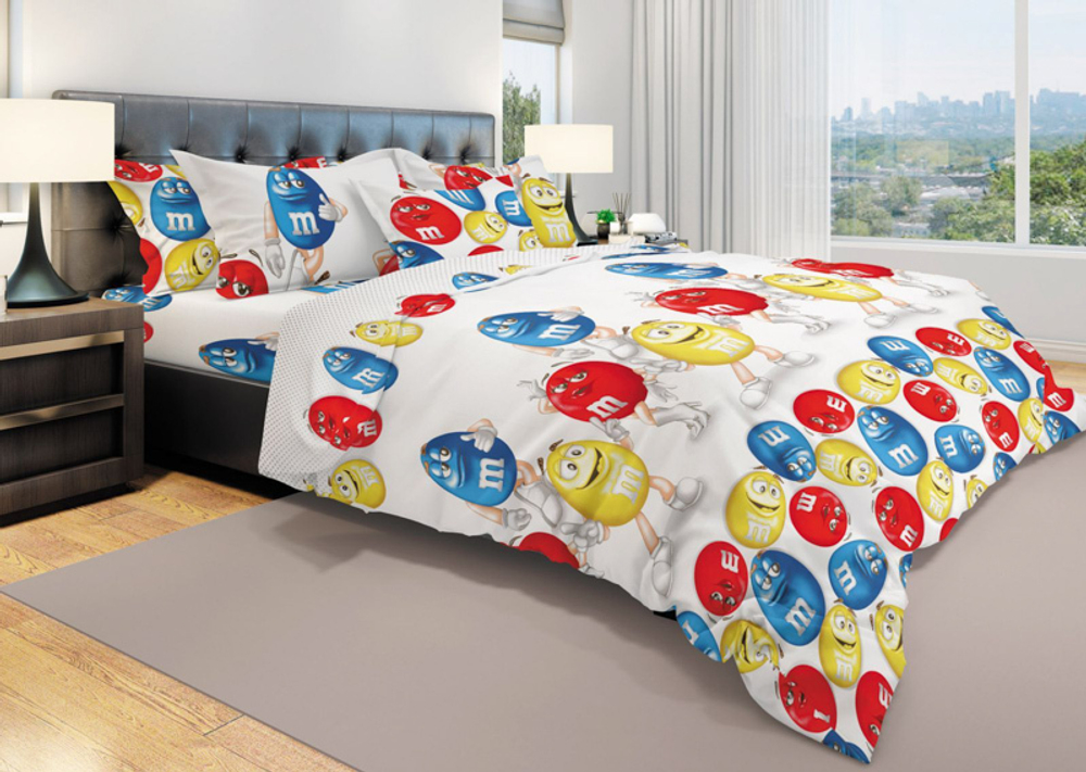 Комплект постельного белья 1.5 сп с простыней на рез.90х200 БЯЗЬ "M&Ms" (нав. 50х70)