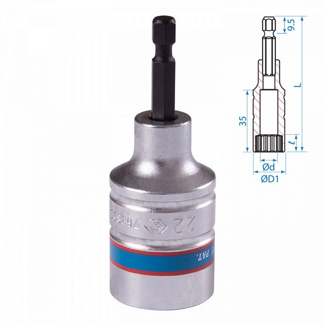 KING TONY (76B822M) Головка для шуруповерта двенадцатигранная 1/4", 22 мм, L = 80 мм