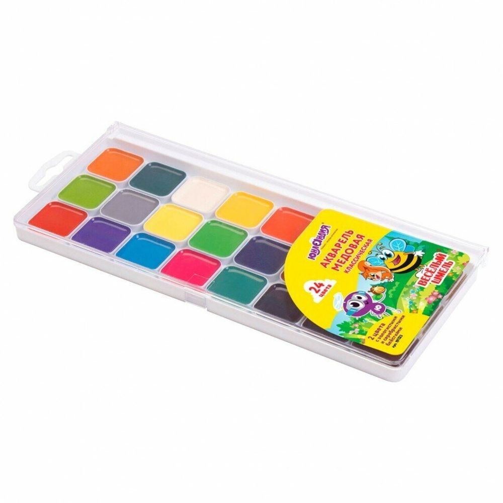 Краски акварельные ЮНЛАНДИЯ "ВЕСЕЛЫЙ ШМЕЛЬ", медовые, 22+2 цвета (золото + серебро), ВОЛШЕБНЫЕ, 191523