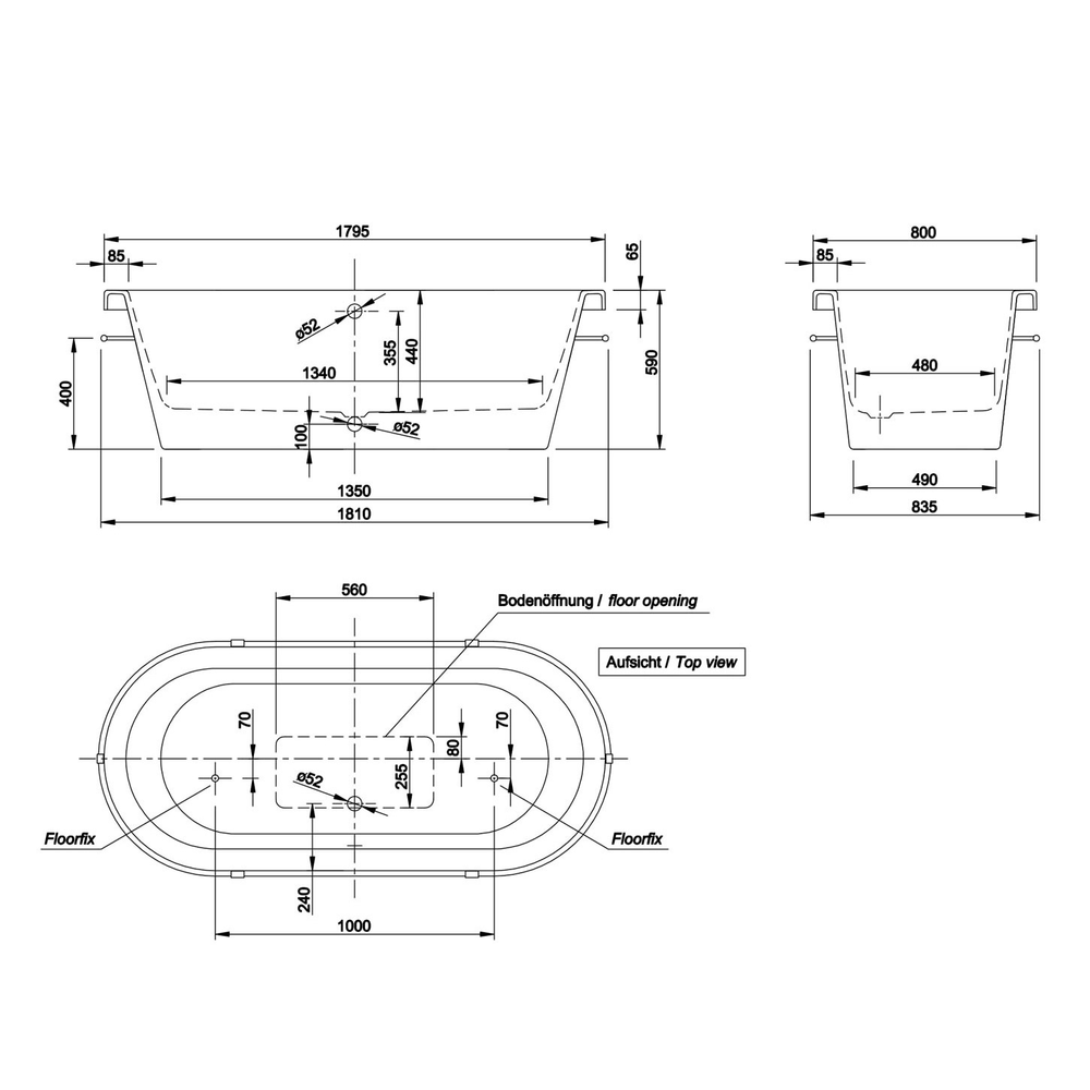 Ванна отдельностоящая ATLAS, 181х83,5, слив-перелив Click-Clack тип B, белая/бронза, BT-ATLA18183FB-BNBR