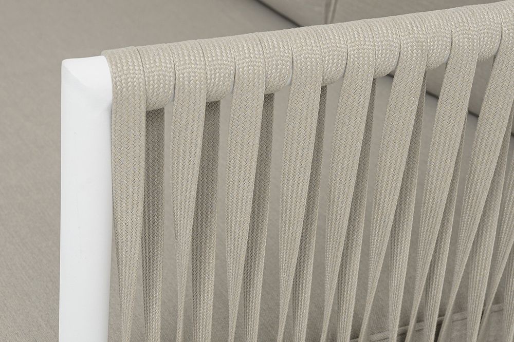 "Касабланка" диван 3-местный плетеный из роупа, каркас алюминий белый муар, роуп бежевый 20мм, ткань бежевая 052