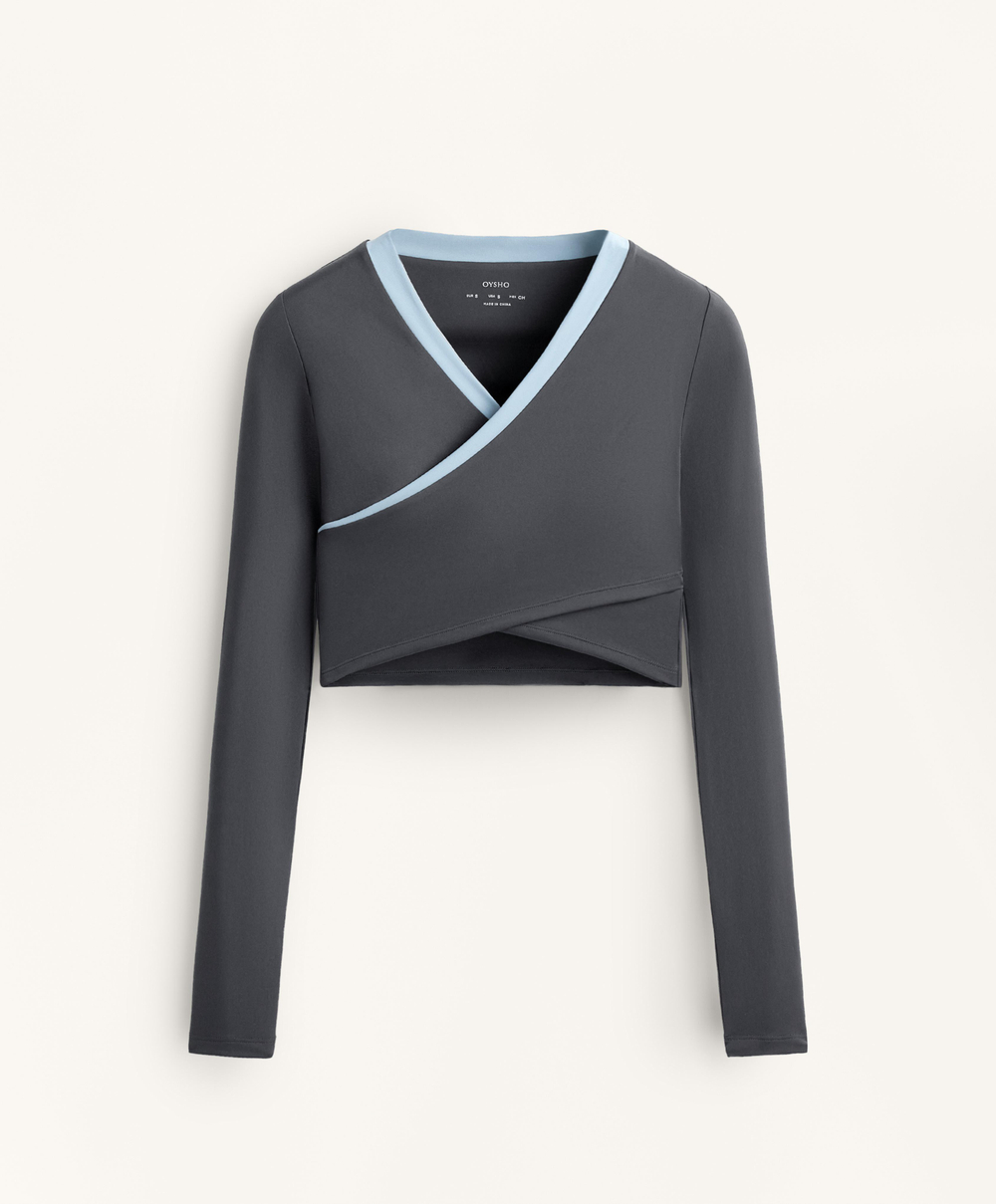 Oysho Топ с длинным рукавом и контрастными деталями, асфальтовый